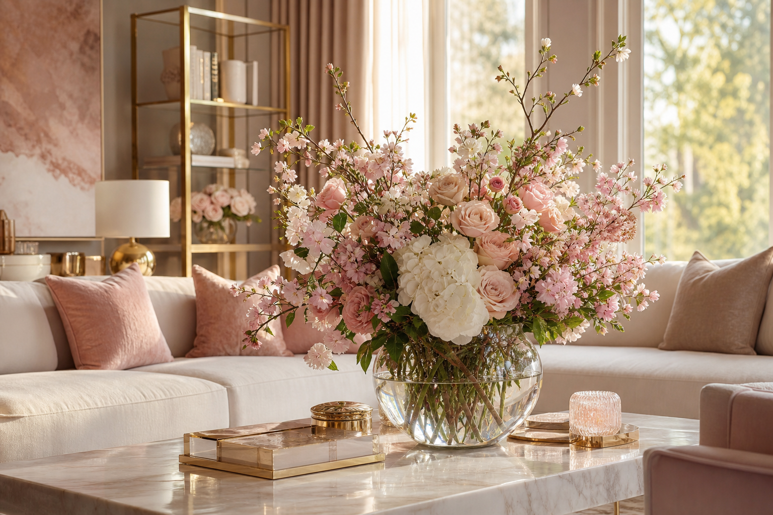 Styled interior with floral arrangement